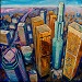 Texas painter artist Ken Arthur - Los Angeles, California, Skyline Painting - Mixed Media on Board
